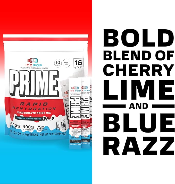 Prime Rapid Rehydration Electrolyte Powder Sticks, Ice Pop, Sugar Free Hydration Drink Mix with Sodium, Potassium, Magnesium & B Vitamins to Replenish Fluids, Caffeine Free, 16 Count