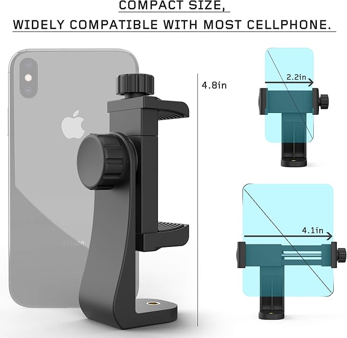 Universal Phone Tripod Mount Adapter with Ｗireless Camera Remote and LED Light, Cell Phone Holder with Adjustable Clamp for Selfie Stick Monopod for iPhone, Samsung Wrist Strap Included