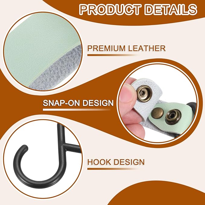 uxcell 5pcs PU Leather Hooks, Leather Straps with Hooks, S-Shape Hooks for Outdoor Camping Hanging Pots Pans Utensils Green