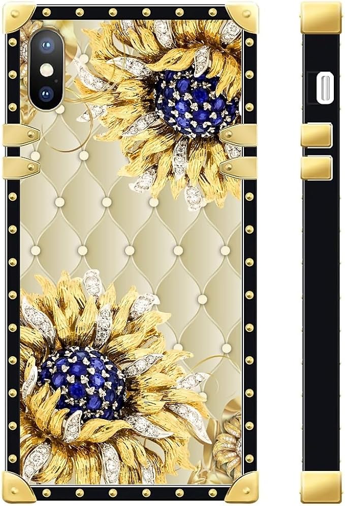 Compatible with iPhone XR Case, Sunflower Diamonds Leather Luxury Golden Decoration for Girl Women Soft TPU Shockproof Protective Hard PC Back for iPhone XR
