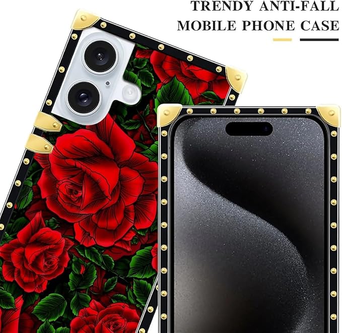 Compatible with iPhone 16 Case, Vector Red Rose Green Leaf Luxury Golden Decoration for Girl Women Soft TPU Shockproof Protective Hard PC Back