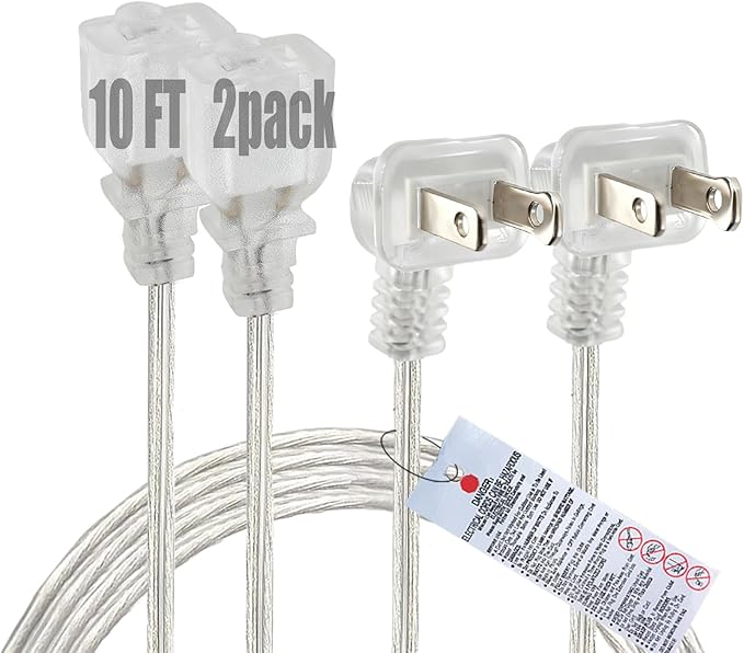 Clear Extension Cord 10 FT 2 Pack, Indoor Thin 2 Prong Extension Cord with Flat Plug, Slim Extension Cable for Christmas Lights, Lamps & Holiday Lighting (18AWG, 10A/125V)