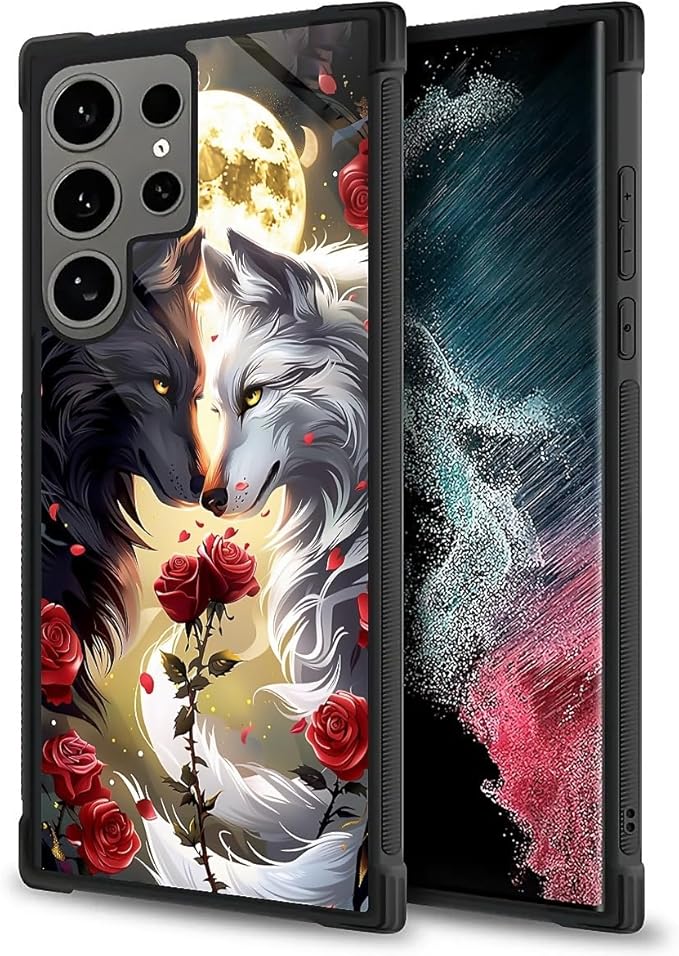 for Samsung Galaxy S24 Ultra Case, Black White Wolf Moon Flower Rose Pattern Graphic Design Girl Boy Soft Silicone Hard Acrylic Shock Protection for Samsung Galaxy S24 Ultra