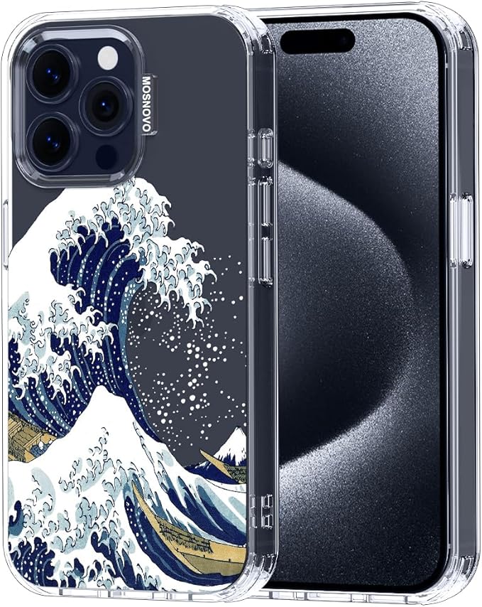MOSNOVO Case for iPhone 15 Pro Max, [Buffertech 6.6ft Military-Grade Drop Protection] [Anti Peel Off Tech] Clear TPU Bumper Phone Case Cover Design - Great Wave