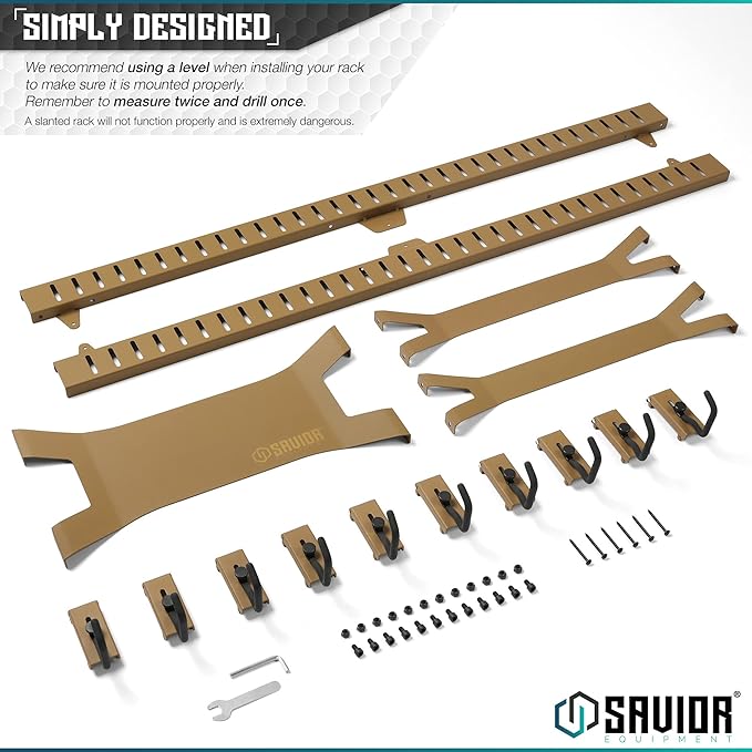 Savior Equipment Horizontal Steel Wall Mount Firearm Rifle Display Rack, Compound Bow Shotgun Carbine Gun Sword Tactical Vest Gear Hanger Free-Standing Indoor Storage Organizer, 10 Mounting Hooks