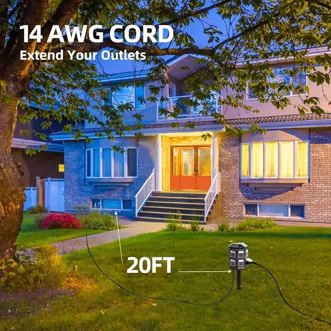 TiFFCOFiO Outdoor Power Strip with Stake Waterproof, 20 FT Extension Cord, 6 Grounded Outlets for Outdoor Lights, 14 AWG, 15A/1875W, ETL Listed