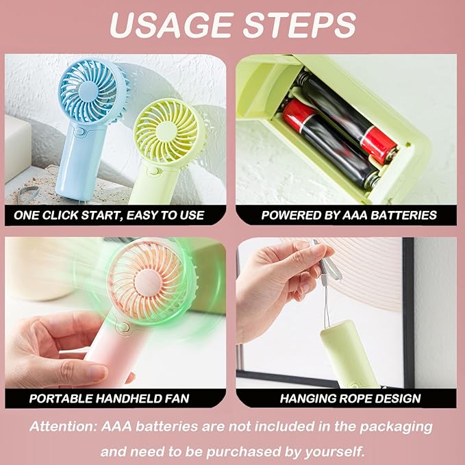 12 Pack Mini Portable Fan - 5'' AAA Battery Operated, Lightweight Handheld with 1 Speed & Lanyard - Quiet Personal Fan for Kids, Girls, Women & Men - Ideal for Office,Travel,Commute,Makeup