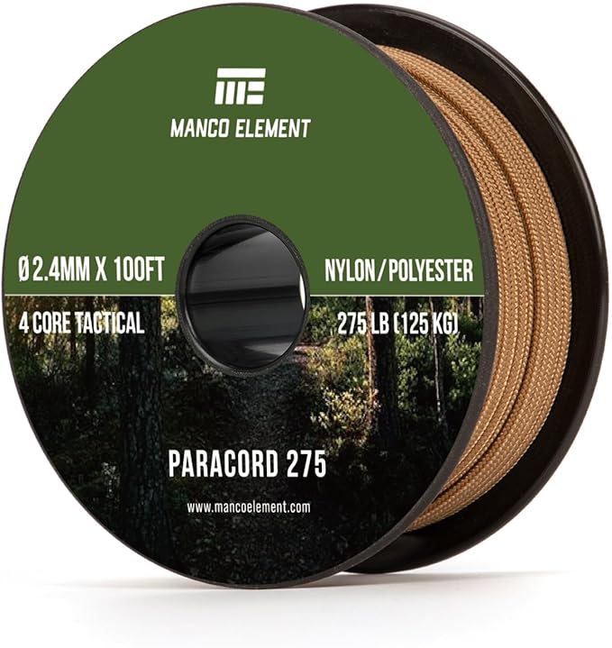 2.4mm Paracord 275LBS 100FT Rope Cord - 4 Strand, Nylon & Polyester, Abrasion Resistance - Coyote Brown
