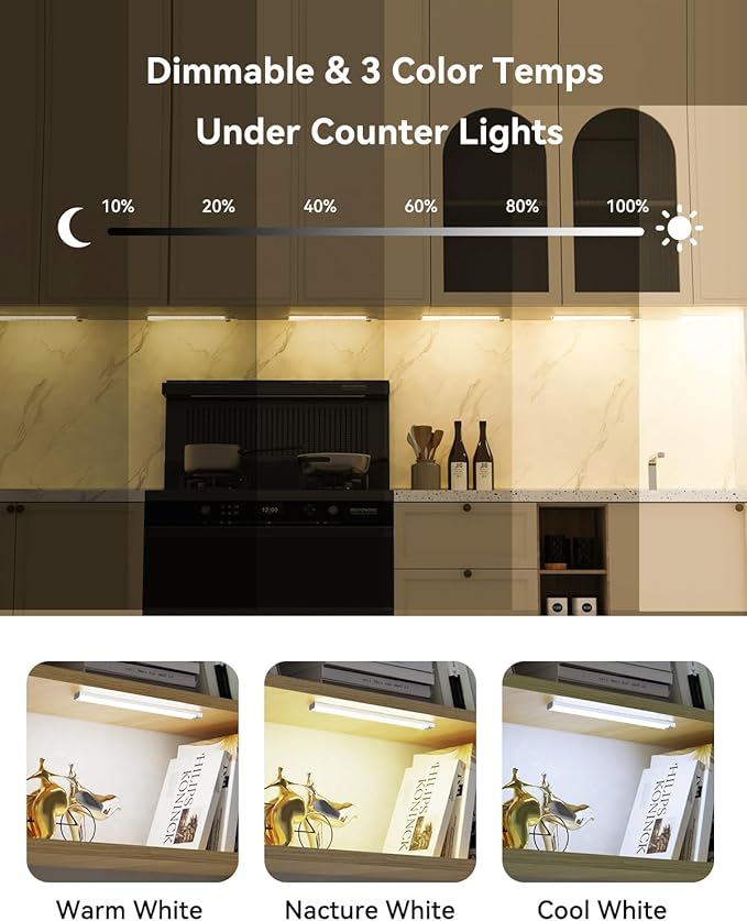 12 Inches Under Cabinet Lighting 3 Packs, Rechargeable Motion Sensor Light Indoor, 3 Color Temps, Dimmable Closet Light Stick on, Under Counter Lights for Kitchen