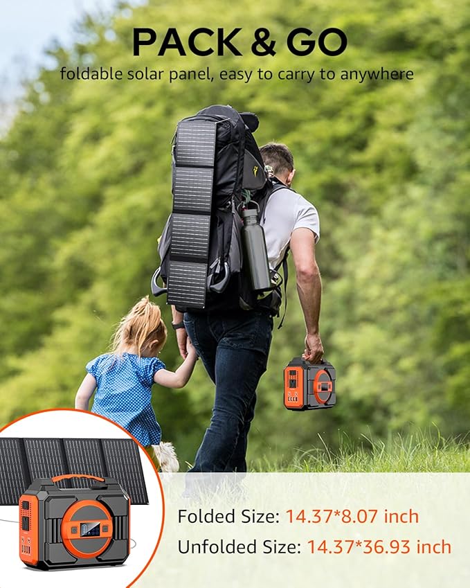 Apowking Portable Solar Powered Generator 300W Rated, with Solar Panels 40W Included, 220Wh Power Bank with AC Outlet 110V, and 10*DC Connectors, Pure Sine Wave for Home Use Camping Outdoor