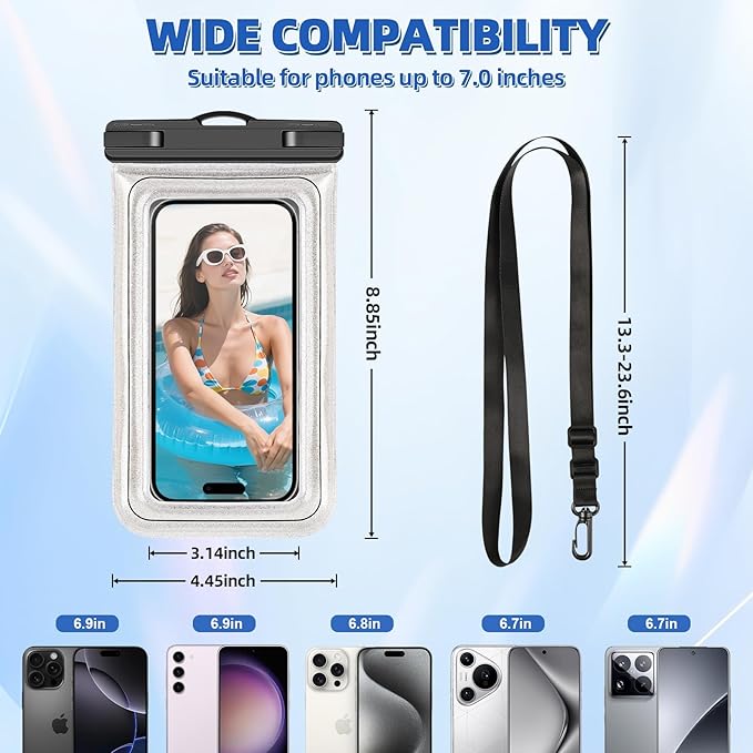 Waterproof Phone Pouch, IP68 Floating Waterproof Phone Case, Dry Bag Beach Essentials with Adjustable Lanyard for iPhone 16 Pro Max /15 Pro/Galaxy S24 S23, Up to 7.0'', Flash Silver, 1 Pack