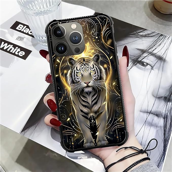 for iPhone 14 Pro Max Case, White Tiger Golden Mystery Pattern Graphic Design Girl Boy Soft Silicone Hard Acrylic Shock Protection for iPhone 14 Pro Max