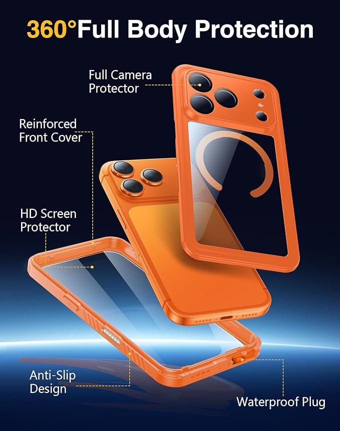 Lanhiem Magnetic for iPhone 17 Pro Case Waterproof, Built in Screen Protector & Camera Protection, [Compatible with MagSafe] Full Body Dustproof Heavy Duty Rugged Phone Case 6.3'' (Orange)