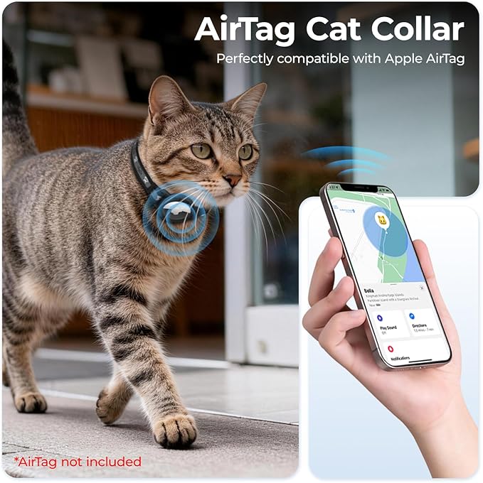 Breakaway AirTag Cat Collar, Reflective Cat Tracker Collar with Air Tag Holder and Bell, Safety Elastic Band Cat GPS Collars for Girl Boy Cats, Kittens and Puppies (Black, 8-13'')
