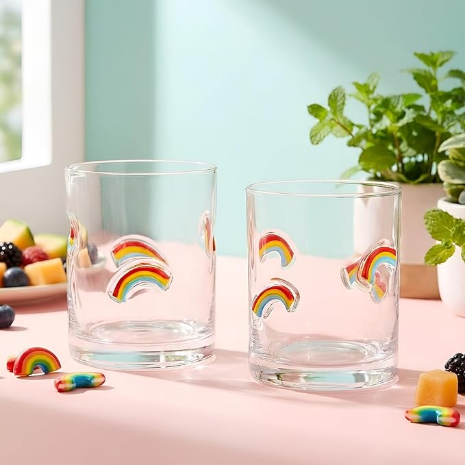 Skylety 2 Pcs Rainbow Icon Juice Glasses Gay Pride Gifts Drinking Cups Old Fashioned Stemless Wine Glasses 13.5 oz Whiskey Cocktail Coffee Mugs for Christmas Party Gift Decor