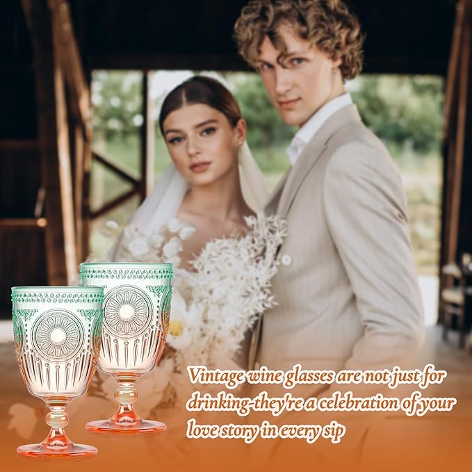 XUWAIDSGN 24Pcs Plastic Vintage Wine Glasses 13.5oz Reusable Embossed Goblet Glasses Green Orange Gradien Retro Wine Glassware Unbreakable Stemmed Champagne Water Cups for Cocktail Juice Wedding