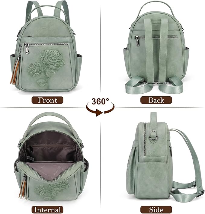 Mini Backpack Purse for Women,Embossed Vegan Leather Small Backpack Fashion Backpacks Daypacks Shoulder Handbag (Green-Flower)