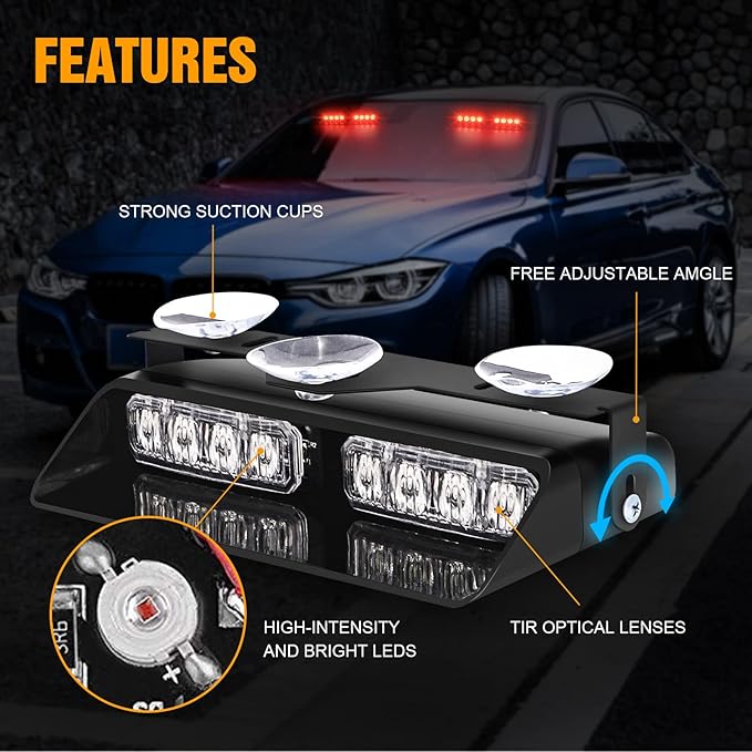 XRIDONSEN 2 in 1 Red Emergency Dash Lights Warning Safety Flashing Interior Windshield Strobe Lights w/Suction Cups for Volunteer Firefighter Vehicles Trucks (2×7.16 inch, 16 LED)