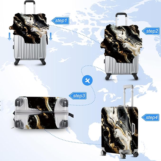 ANNA QUEEN Black White Gold Marble Luggage Cover- Stretchable, Water Resistant & Durable Suitcase Protector, Universal Washable Fit for 28-30 Inch Checked Baggage