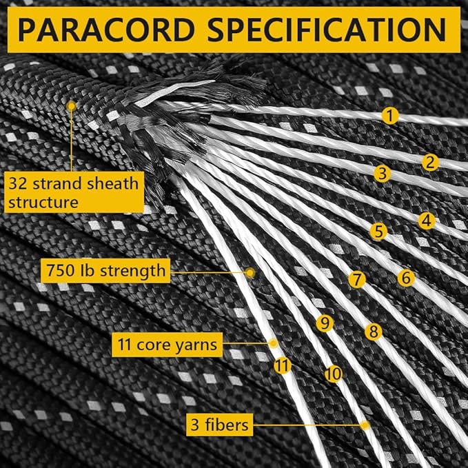 750Ib Reflective Paracord Rope,100' 200' 500' 1000', 4mm 11 Strand Parachute Spool Cord with Collecting Bag, para Cord Lanyard for Hammock, Camping