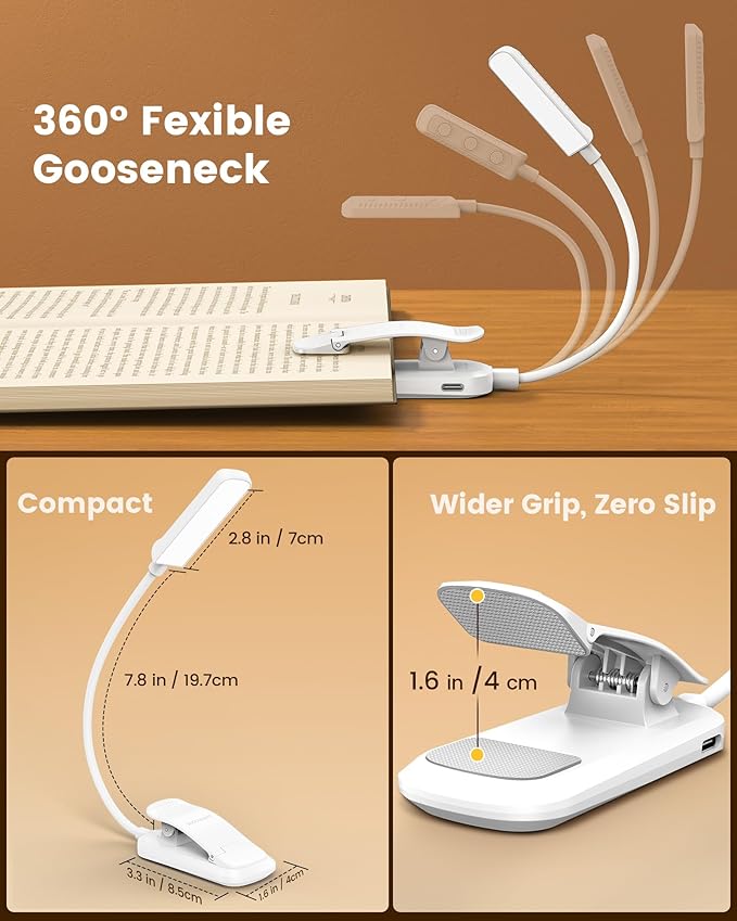 Glocusent 13 LEDs Book Lights for Reading at Night, 120 Hrs Runtime Rechargeable Reading Light, Eye Caring 3 Colors & 5 Stepless Dimming Brightness 3–60LM, Flexible Clip on Light for Book Lovers Kids