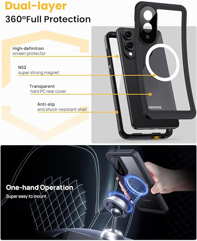 Lanhiem Magnetic for Samsung Galaxy S25 Edge Phone Case, IP68 Waterproof Dustproof Case with Built-in Screen Protector, Rugged Full Body Protective Cover for Galaxy S25 Edge 6.7 Inch, Black