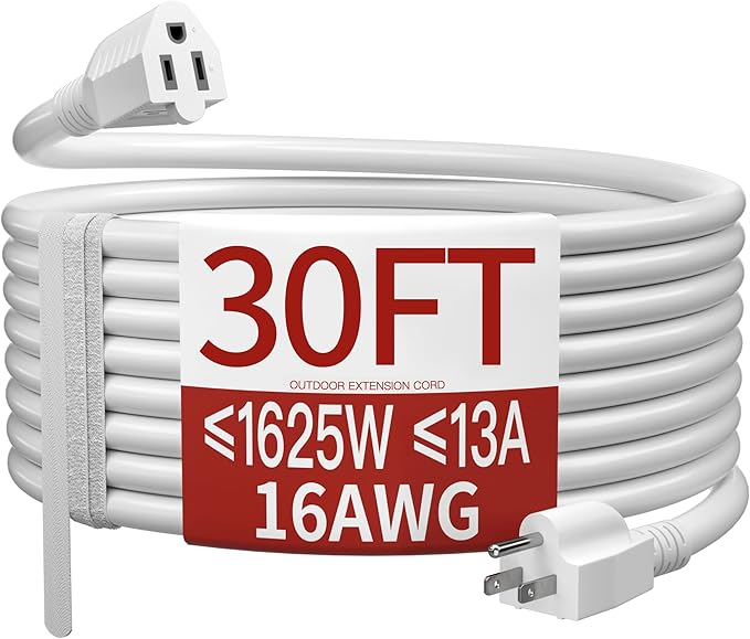 16/3 13A 125V 1625W 30 FT Outdoor Extension Cord Waterproof, Weatherproof & Flame Retardant White 3 Prong Power Cord Outside for Lawn & Garden,125 VAC 16AWG SJTW, ETL Listed