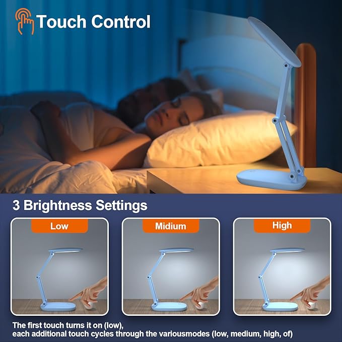 Akejrym LED Desk Lamp for Office & Home, Battery Operated, Foldable & Portable Light, 2-Fold Bracket, 3 Brightness Dimmable, Wireless Reading Lamp (Blue)