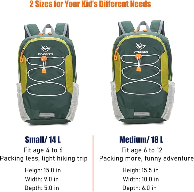 IVYGREEN Little Kids Hiking Backpack for Boys or Girls, Small Daypack for Camping or Travel (Green, Small)
