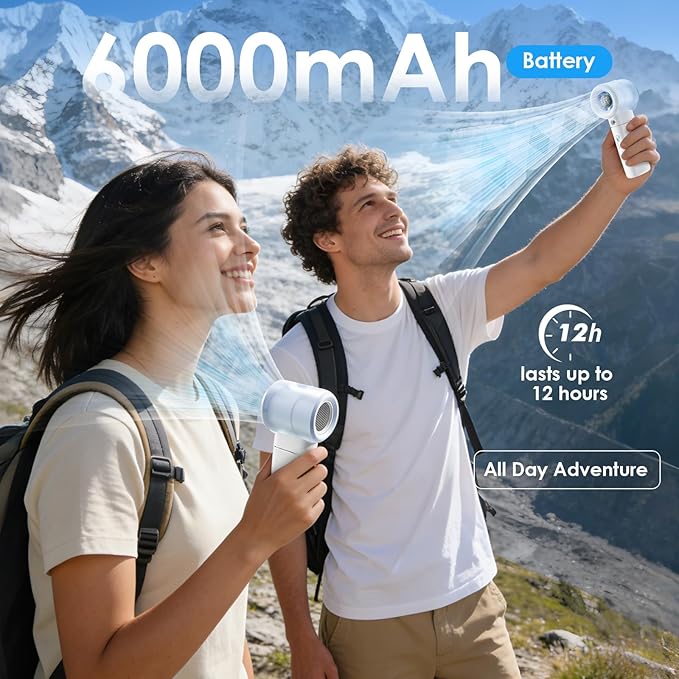 Portable Misting Fan Handheld Powerful Turbo Fan, 100 Speeds, 6000mAh Rechargeable Battery, LED Display, Spray Mist Personal Mini Fan for Travel, Beach, Outdoor Camping (Snow White)