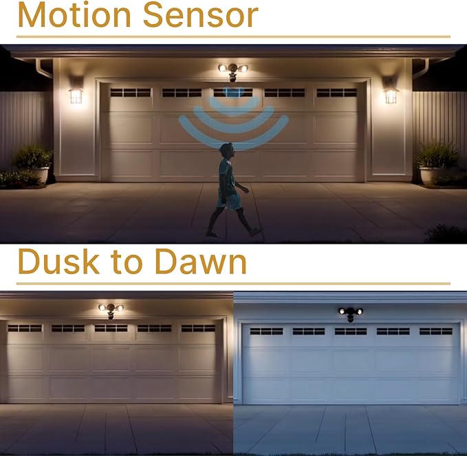 LED Black Motion Sensor 2-Light Bullet Flood Light- 3000K Adjustable Dual Head Outdoor Security Light, Dusk to Dawn, Waterproof, Hardwired Spotlight for Yard, Patio, Garage, Landscape