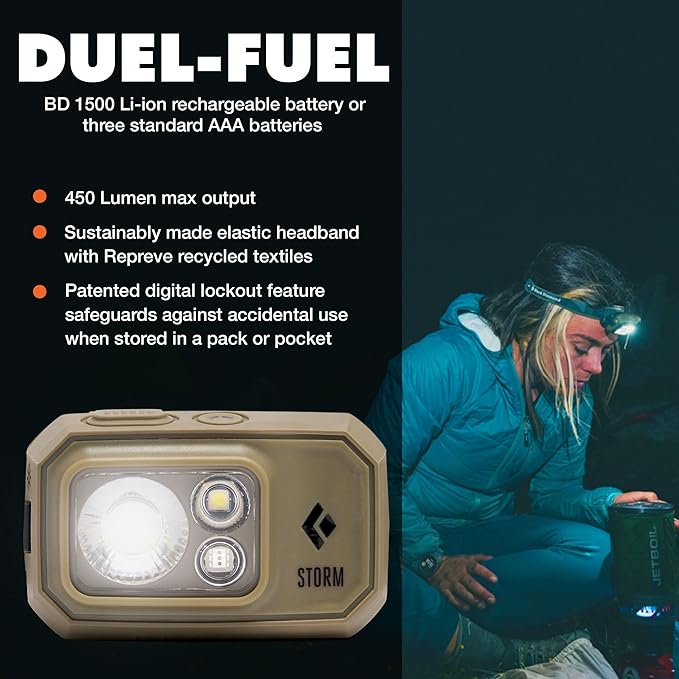 BLACK DIAMOND Storm 450 Headlamp | 450 Lumens Brightness | Waterproof & Dimmable | 3X AAA Battery Operated (Included | Camping, Hiking, Running | Ops Dark Tan