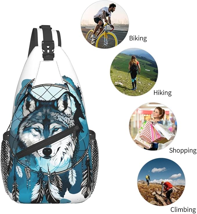 Native Wolf And Deam Catcher Sling Bag For Women Men Fashion Wolf Print Backpack Crossbody Shoulder Bag Sling Backpack Chest Bag Travel Hiking Casual Sport Daypack