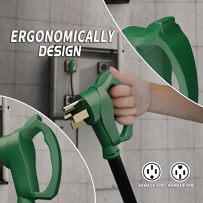 PlugSaf NEMA 14-50P/14-50R 75 FT 40 Amp RV/EV Extension Cord Outdoor with Grip Handle, 4 Prong Flexible Heavy Duty STW RV Power Cord Waterproof, 40A 125/250V 5000/10000W, Black-Green, ETL Listed