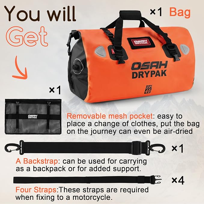 OSAH DRYPAK Waterproof Duffel Bag - Motorcycle Dry Bag Tail Bag with Large Storage Space, Waterproof Luggage Duffle Bags with Outer Mesh Zipper Pocket for Camping, Kayaking, Fishing & Traveling