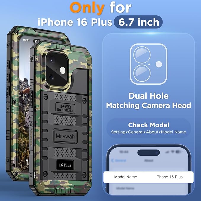 Mitywah Waterproof Case for iPhone 16 Plus, Shockproof Heavy Duty Case with Built-in Screen Protector, Underwater Full Body Protective Metal Case 6.7 inch, Camouflage