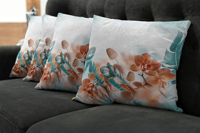 Ambesonne Tropical Throw Pillow Cushion Case Pack of 4, Exotic Orchids Blossom Leaves on Blurred Background Floral Themed Modern Art, Modern Accent Double-Sided Digital Printing, 16", Orange Teal