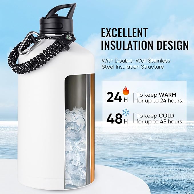 Fijinhom Gallon Water Bottle with 2 Lids (Straw & Spout), 304 Stainless Steel Water Jug with Handle and Wide Mouth, 1 Gallon Vacuum Double Walled Jug for Sports, Outdoors, Leak-Proof, White 128 oz