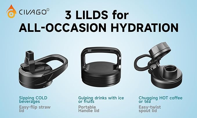 CIVAGO Gallon Insulated Water Bottle Jug with Straw, 128 oz Large Stainless Steel Water Flask, Big Metal Thermal Mug with 3 Lids for Sports, Travel, Gym, and Camping, Black