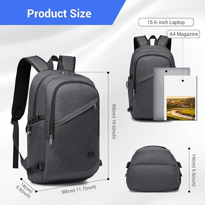 Kono Travel Laptop Backpack with USB Charging Port, Business Anti Theft Slim Sturdy Personal Item Bag, Water Resistant College Computer Daypack for Men & Women Fits 15.6 Inch Notebook, Dark Grey