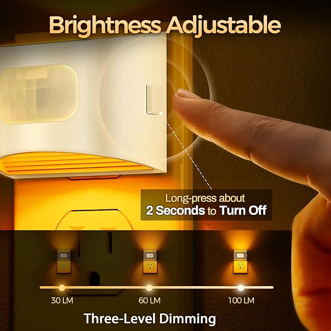DORESshop LED Night Light[2 Pack], Night Lights Plug into Wall, Dimmable Plug in Night Light with Motion Sensor, Dusk to Dawn Sensor, Nightlights for Adults, Bedroom, Bathroom, Amber, White Cover