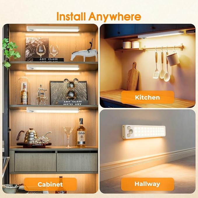 Under Cabinet Rechargeable Dimmable Lighting: 3 Color Temperature Motion Sensor Lights Indoor - Battery Operated Lights - Activated Closet Magnetic Wireless Led Light for Kitchen Home Bathroom Counter