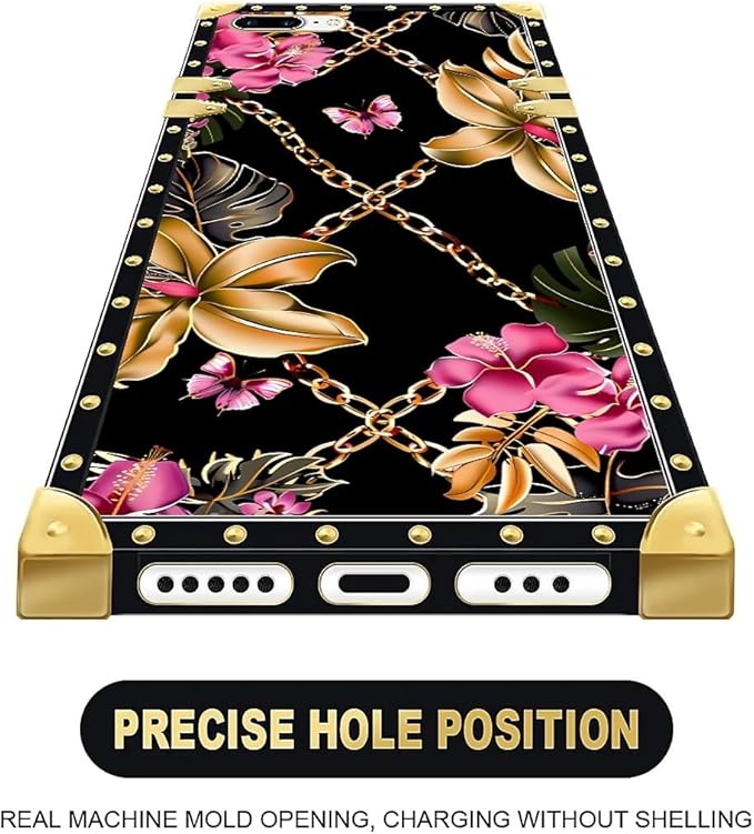 Compatible with iPhone 8 7 SE Case, Pink Golden Chain Tropical Flower Luxury Golden Decoration for Girl Women Soft TPU Shockproof Protective Hard PC Back for iPhone 8 7 SE
