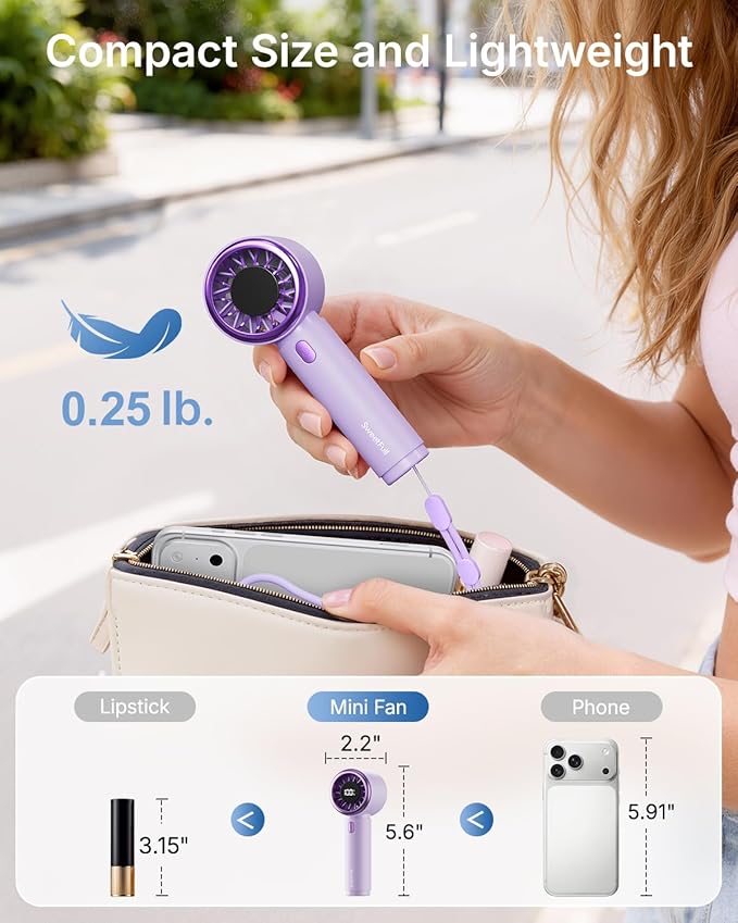 SWEETFULL Mini Fan Portable - Cute Handheld Turbo Fan with Rechargeable Battery, 5 Speeds, Small Hand Personal Travel Essentials for Women, Girls, Kids, Lash, Makeup - Purple