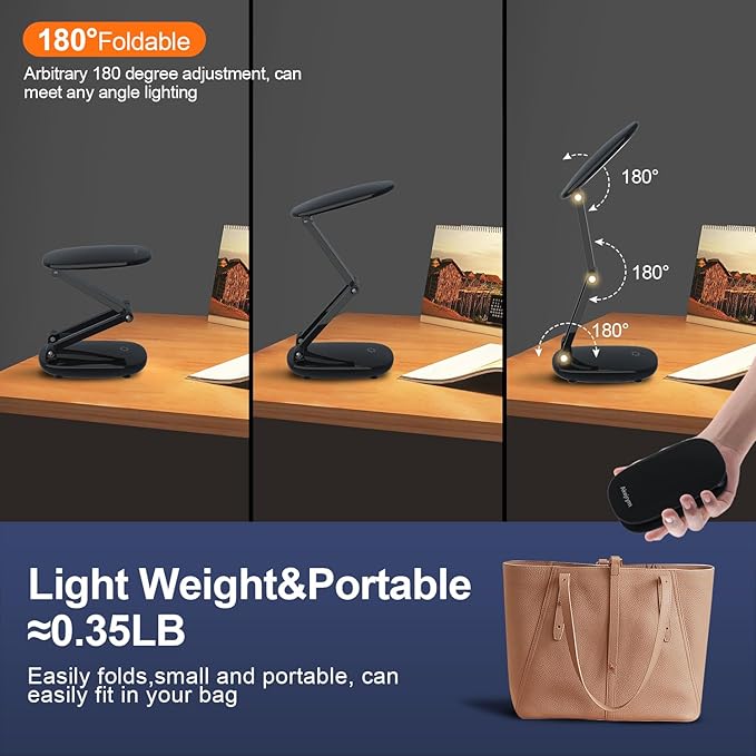 Akejrym LED Desk Lamp for Office Home & Battery Operated Lamp Rechargeable Lamp Foldable & Portable Light, [2-Fold Bracket] 3 Brightness Dimmable Small Desk Lamp Wireless Reading Lamp (Black)