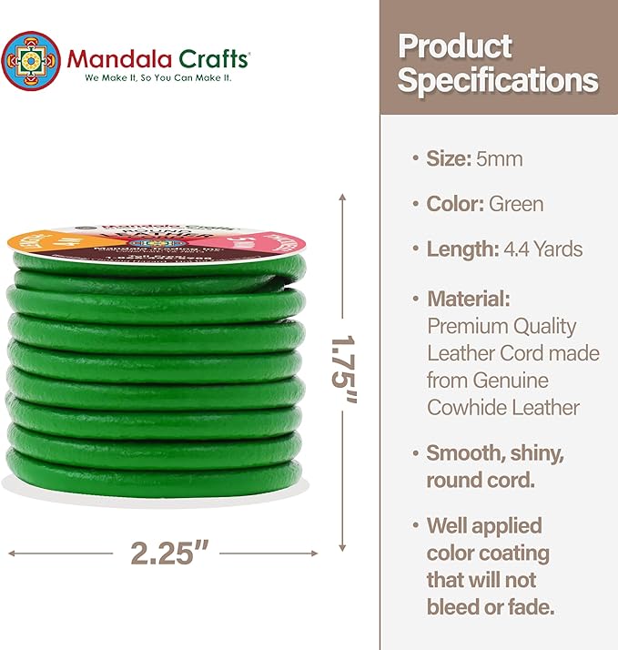 Mandala Crafts Round Genuine Green Leather Cord for Jewelry Making – 5mm Cowhide Leather Rope String Lace for Kumihimo – 4.4 Yards Cowhide Craft Cording Spool