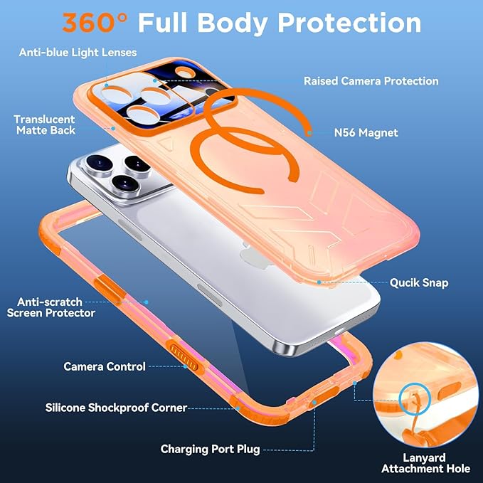 WIFORT for iPhone 17 Pro Waterproof Case, [Fit for Magsafe] with Sapphire Lens & Screen Protector, IP68 Full Body 15FT Military Shockproof, Magnetic Frosted Phone Cover with Lanyard, 6.3" Orange