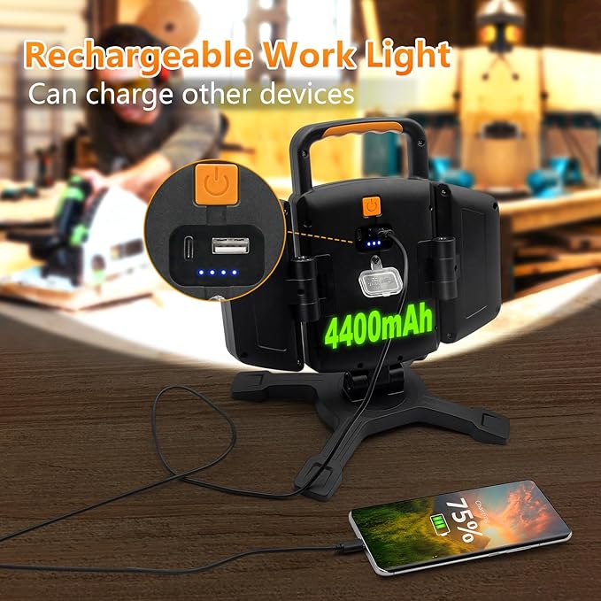 Tresda 30W Rechargeable Work Light, 3000 Lumen Magnetic Work Light Battery Powered, Waterproof Portable Cordless Job Site Lighting for Construction Site, Workshop, Garage, Camping, and Car Repairing