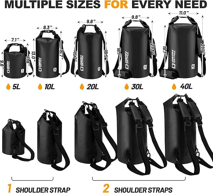 Waterproof Dry Bag, 5L/10L/20L/30L/40L Roll Top Lightweight Storage Backpack with Phone Case for Women & Men, Floating Waterproof Sack for Travel, Swimming, Kayaking, Paddle Board, Camping & Beach