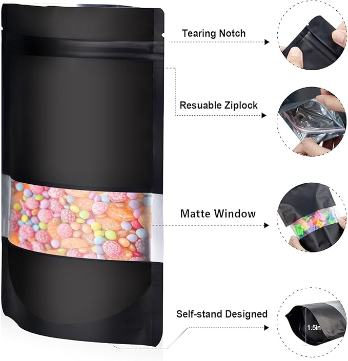 7.1"x10.2" 1 Quart 120pcs Mylar Bags for Food Storage,Smell Proof Bag with Matte Window Resealable Food Storage Bags for Small Business, Stand-up Foil Pouch Packaging Freeze Dried Candy Bag（Black）